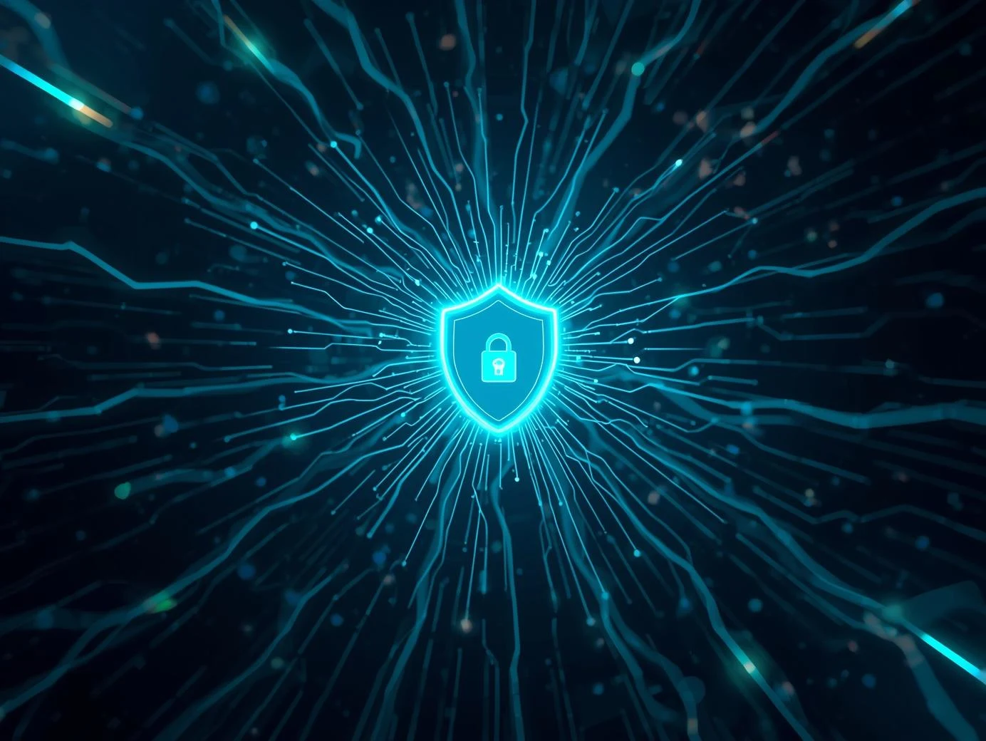 Network security visualization (shield + data lines) Cybersecurity career