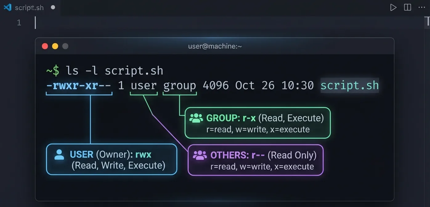 Linux terminal showing file permissions and ownership breakdown with ls -l
